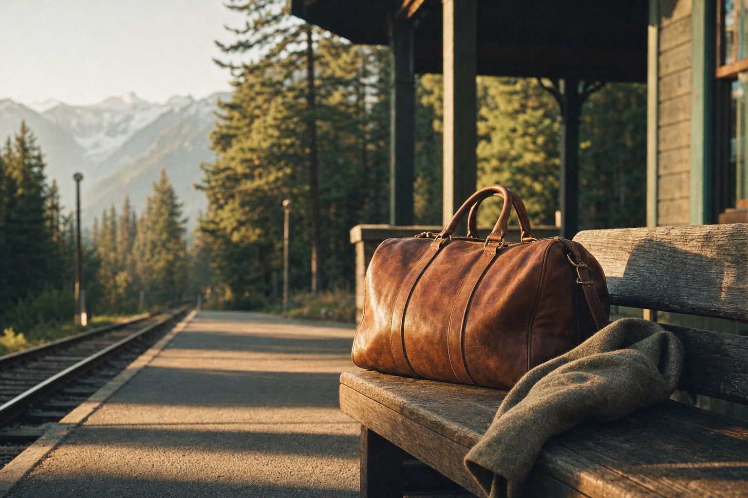A worn cognac leather duffle on a wooden bench at a rural train platform, pine forest and mountains behind