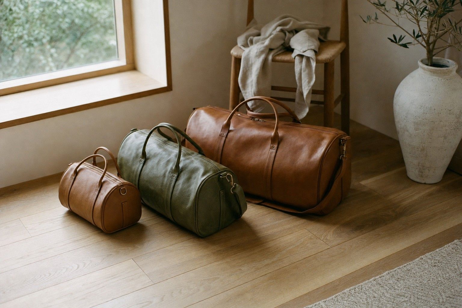 Three leather duffle bags in small, medium and large sizes on an oak floor by a window