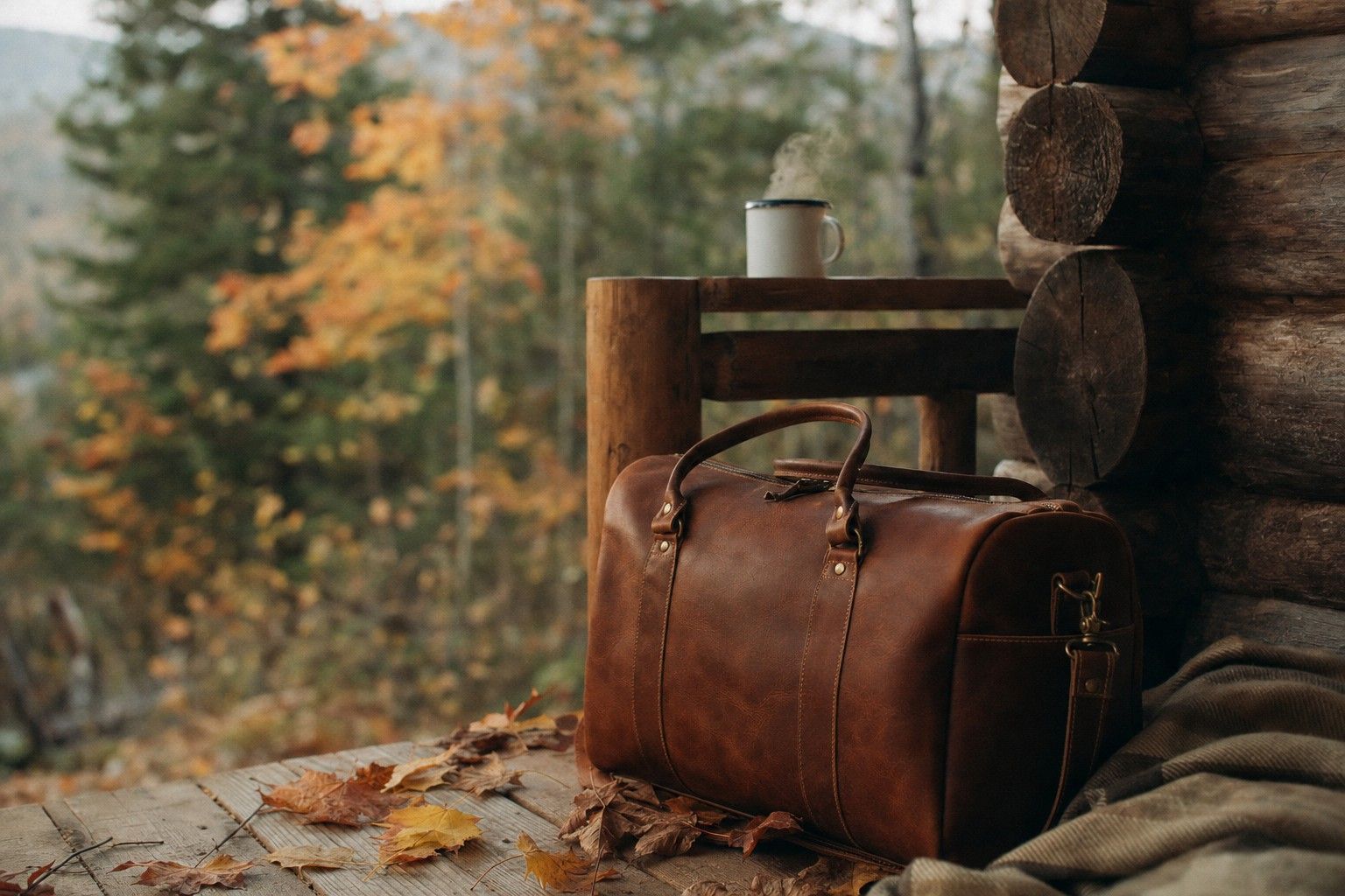 A leather weekender on the porch of a log cabin in autumn
