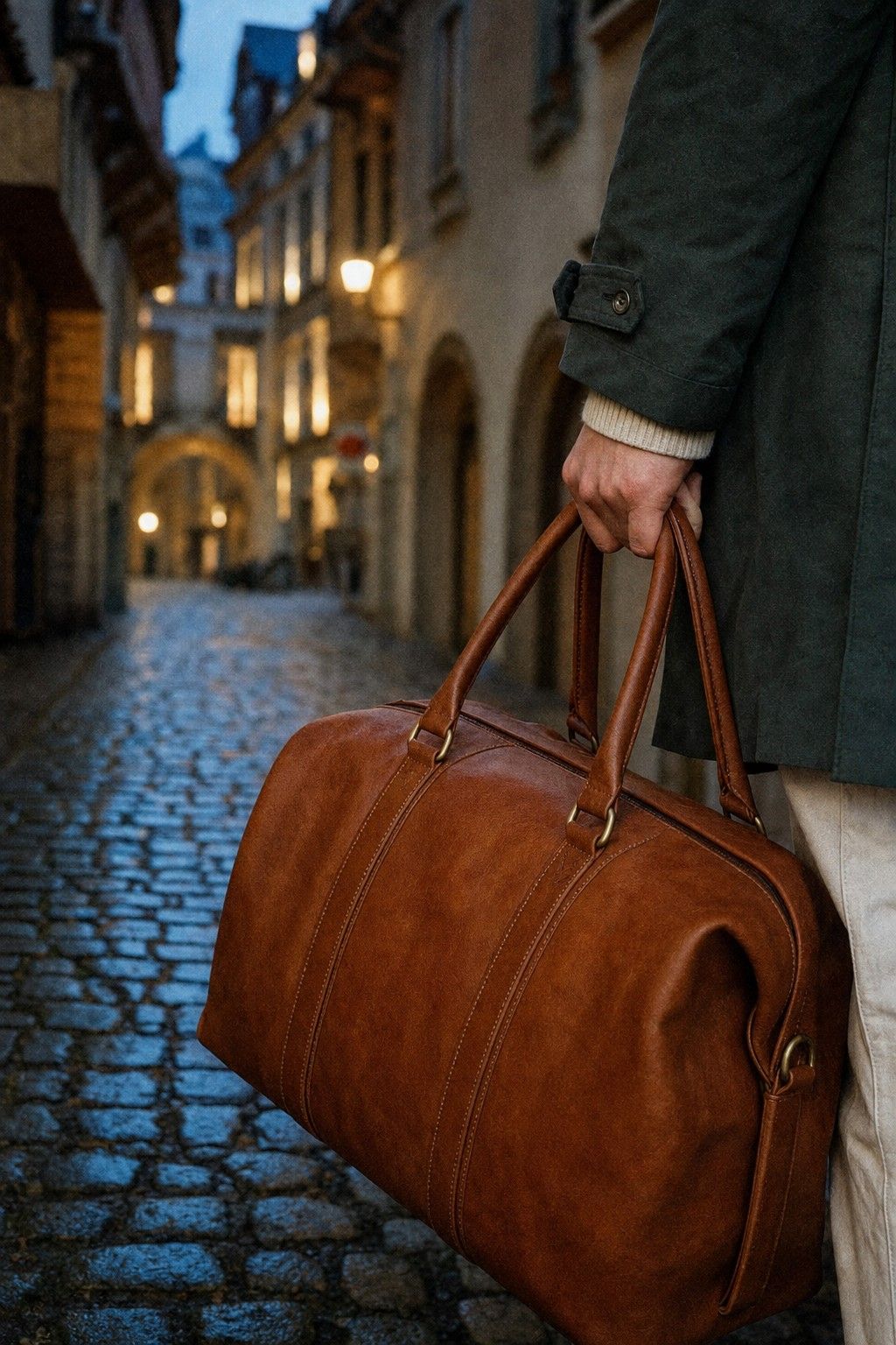 A hand carrying a leather duffle on cobblestone streets at blue hour