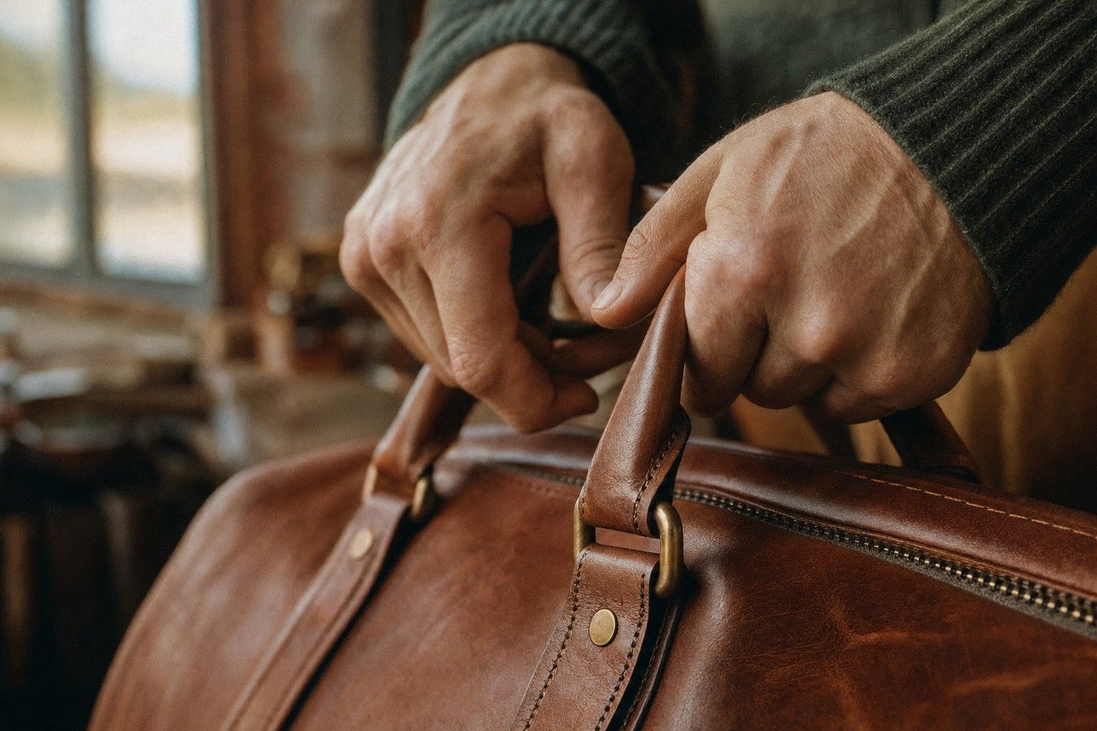 Hands holding a leather duffle handle to show the stitched anchor and riveted brass ring