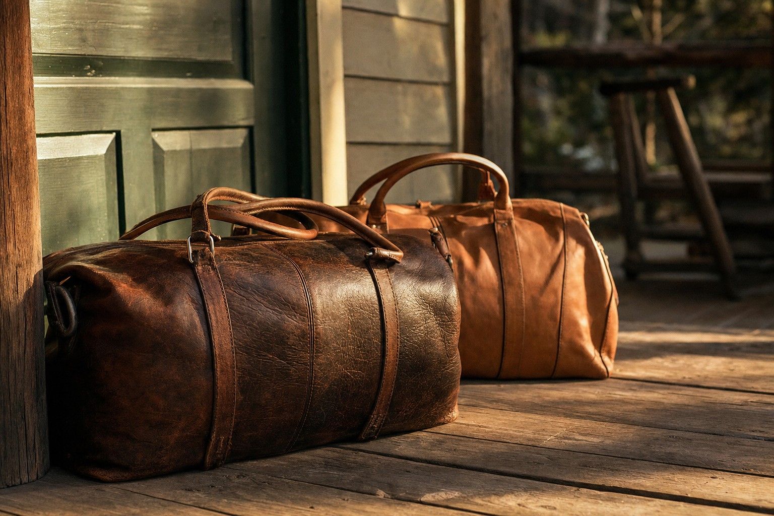 An old, deeply patinated leather duffle beside a newer tan duffle on a wooden porch