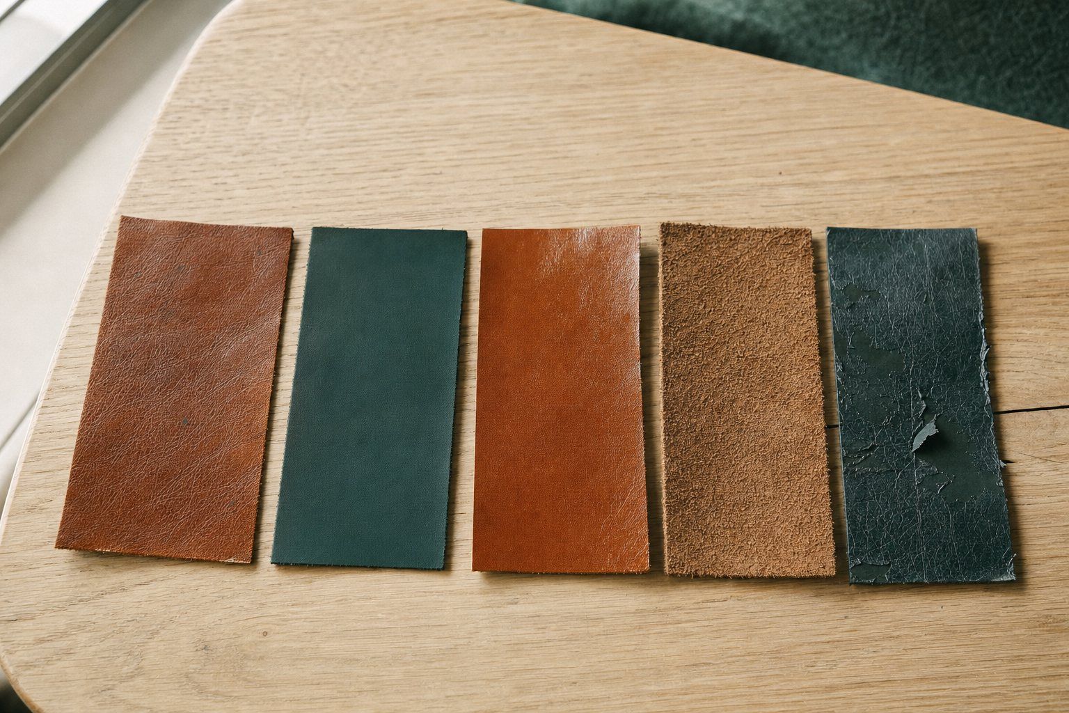 Five leather swatches in a row on an oak table, from natural full grain to shiny bonded leather