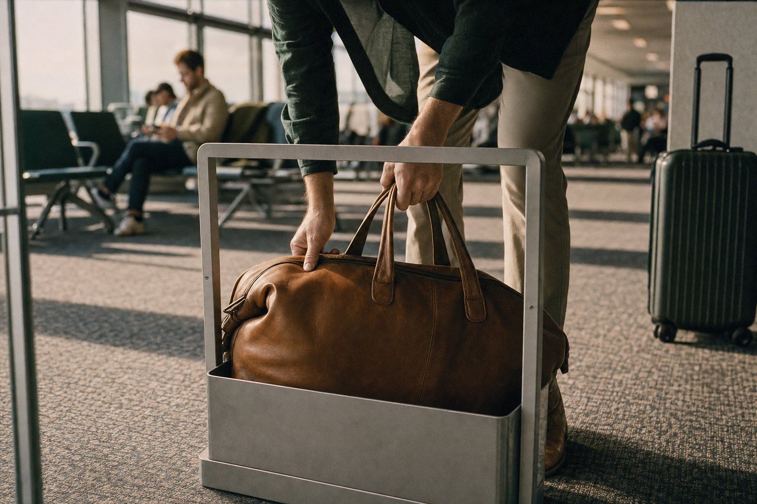 A cognac leather duffle being set into a metal carry-on sizer at an airport gate